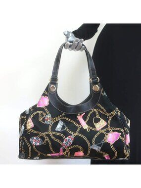 Gucci Charmy Medium Shoulder Bag Black Leather-Trim Chain Print Satin